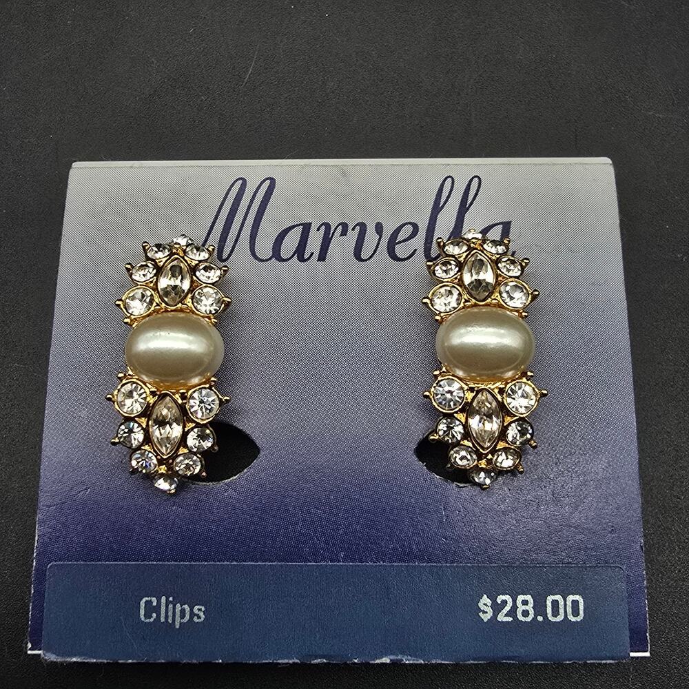 Marvella Faux Pearl Rhinestone Clip On Earrings VIntage NOS On Card